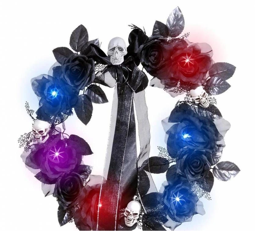 Halloweenaccessoires Krans Met Zwarte Rozenschedelsverlichting 45cm 2 Halloweenaccessoires Krans Met Zwarte Rozenschedelsverlichting 45cm - Afbeelding 2