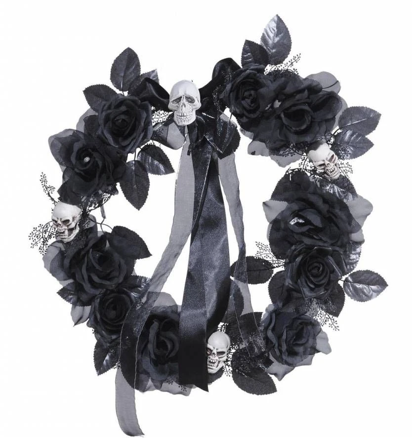 Halloweenaccessoires Krans Met Zwarte Rozenschedelsverlichting 45cm 1 Halloweenaccessoires Krans Met Zwarte Rozenschedelsverlichting 45cm