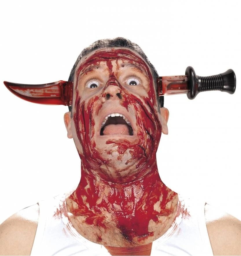 Halloweenaccessoires Mes Door Hoofd Met Bloed 2 Halloweenaccessoires Mes Door Hoofd Met Bloed - Afbeelding 2
