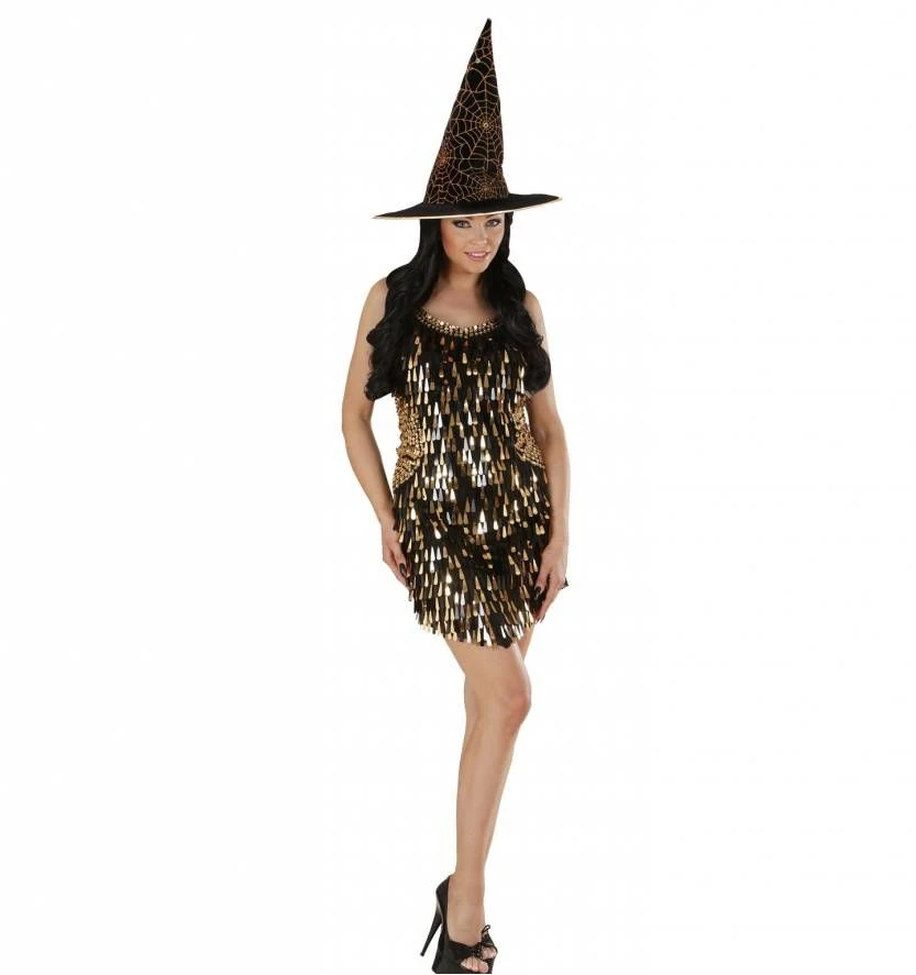 Halloweenkleding Heksen Paillettenjurk Zwart Met Zilver 2 Halloweenkleding Heksen Paillettenjurk Zwart Met Zilver - Afbeelding 2