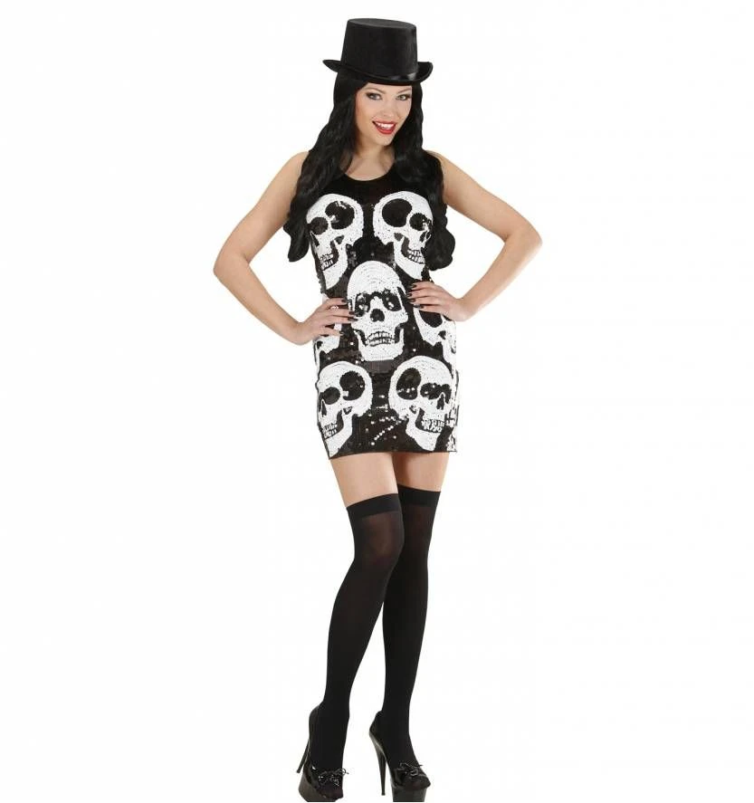 Halloweenkleding Paillettenjurk Vol Met Enge Schedels 2 Halloweenkleding Paillettenjurk Vol Met Enge Schedels - Afbeelding 2